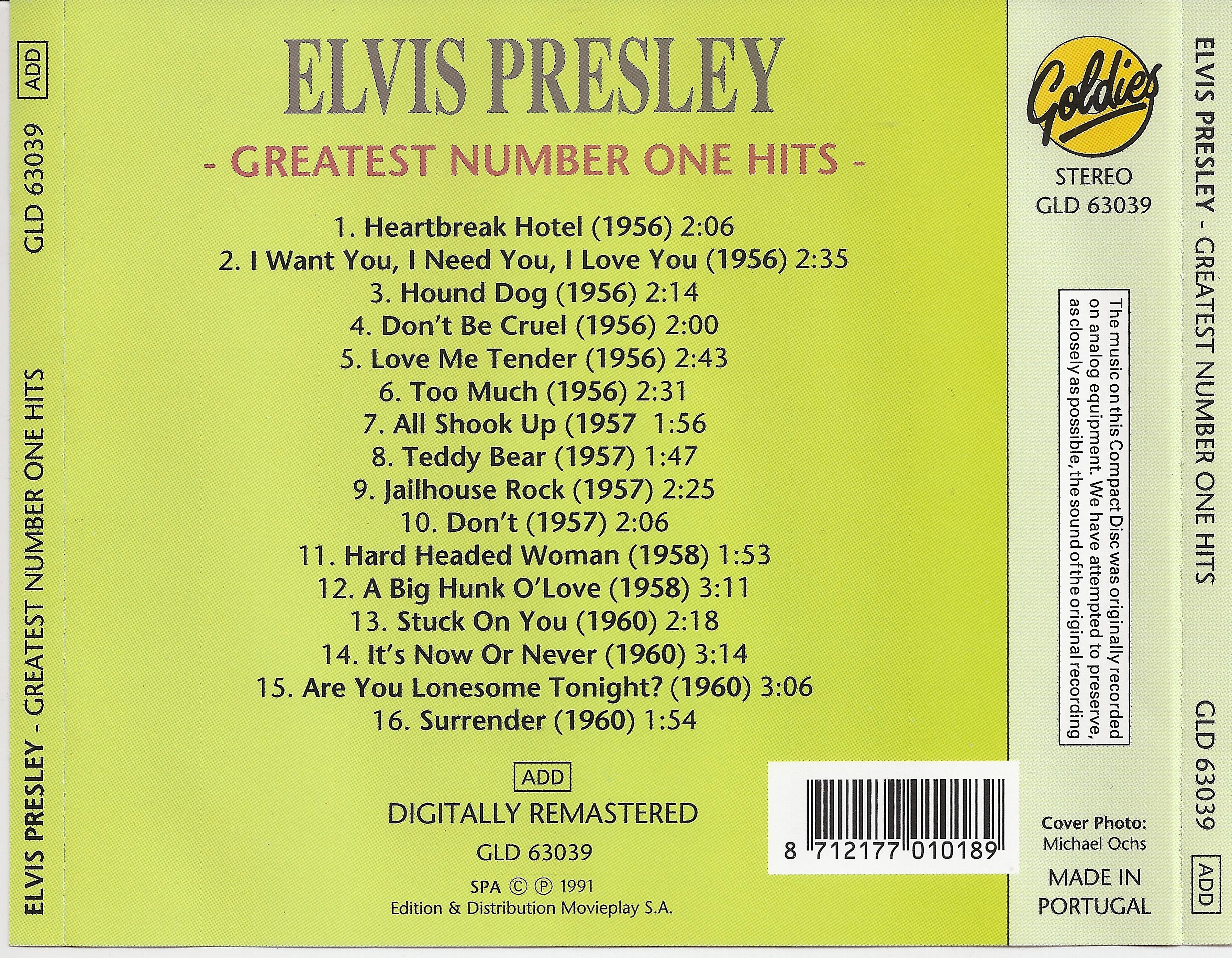 Elvis Presley  Greatest Number One Hits : Back